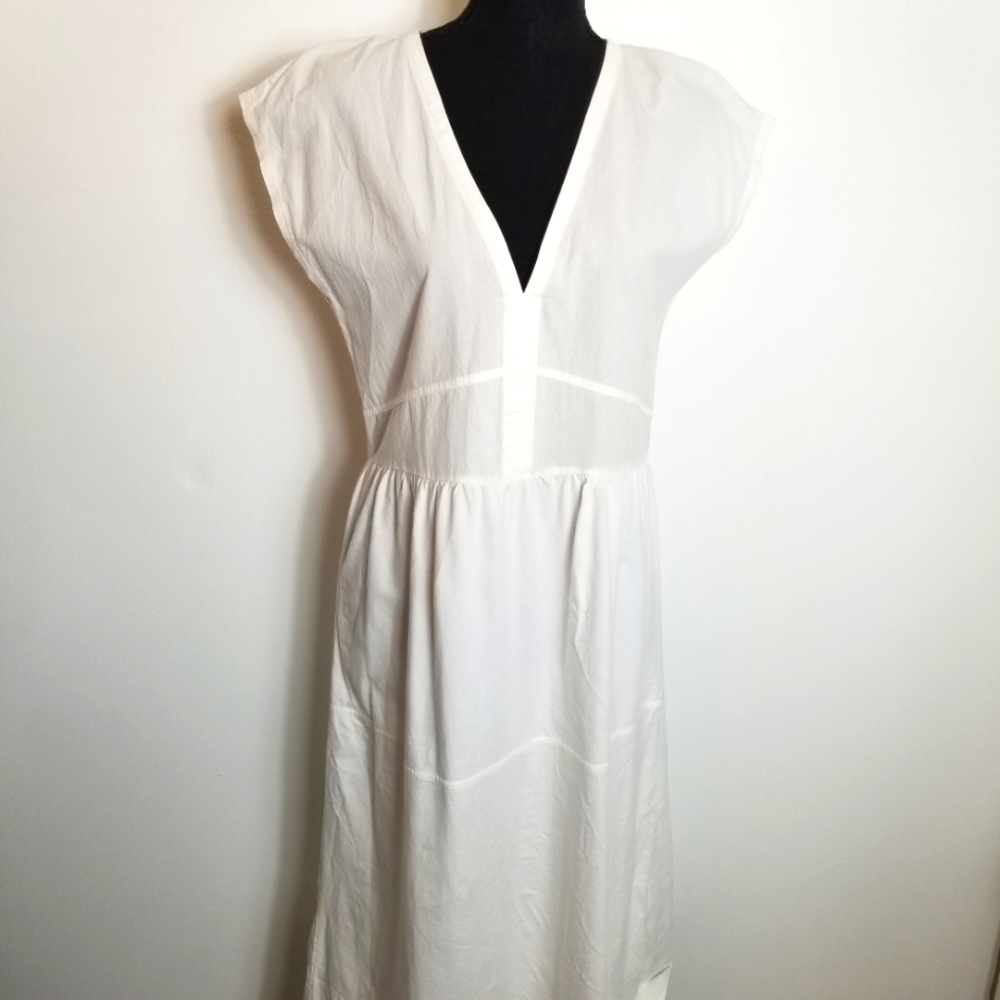 Zara Cotton Cap Sleeve Low V-Neck Relaxed Sheath Midi Dress
